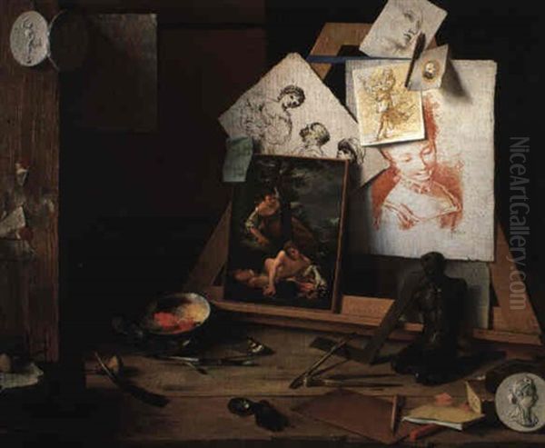 Trompe L'oeil Still Life Of Artist's Tools, Prints, Sculpture And Other Effects Oil Painting by Antonio Cioci