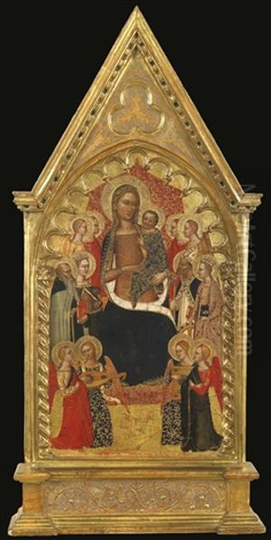 Madonna And Child Enthroned With Saints Anthony Abbot, Mary Magdalene, Catherine Of Alexandria, And A Bishop Saint, With Eight Angels Oil Painting by Jacopo di Cione