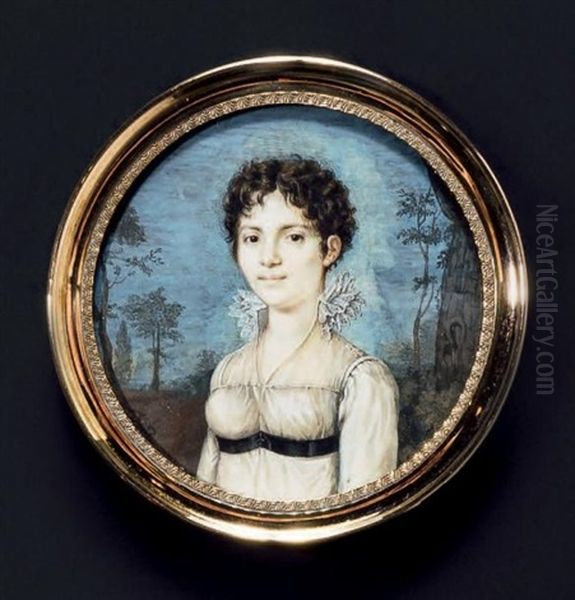 Portrait De Mademoiselle Delpire, En Buste, Presque De Face, En Robe De Voile Blanc, Taille Haute A Ceinture Noire, Et Col De Dentelle A L'anglaise Elle Est Coiffee De Fines Boucles Et Vue Dans Un Fond De Paysage Oil Painting by Pierre Charles Cior