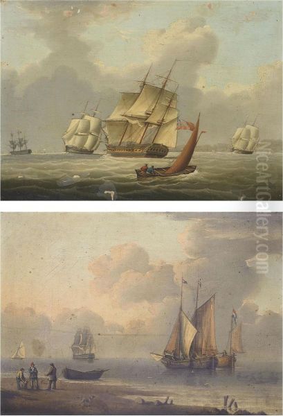 A Frigate And Other Shipping Heeling In The Breeze In Coastal Waters Oil Painting by William Anderson