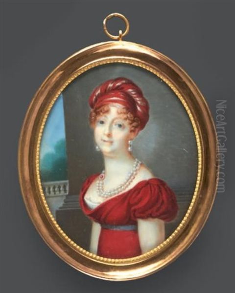 Portrait D'une Dame De Qualite En Robe Rouge, Collier De Perles A Double Rangs Et Pendants D'oreilles, Coiffee D'un Important Turban Rouge Oil Painting by Pierre Charles Cior