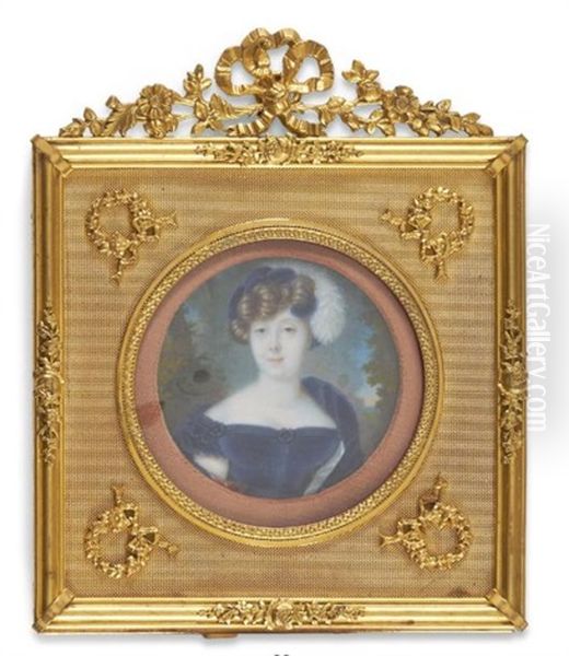 Portrait De Jeune Femme A La Robe De Velours Bleu Decolletee Et Portant Un Chapeau Orne D'une Plume D'autruche Blanche Retombant Oil Painting by Pierre Charles Cior