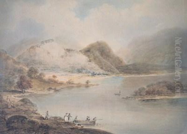 Figures Boarding A Small Ferry In A Highland Lake Landscape Oil Painting by William Anderson