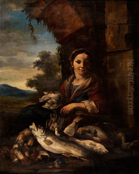 Junge Verkauferin Von Fischen Und Pilzen Oil Painting by Giacomo Francesco Cipper