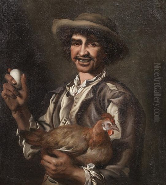 A Man Holding An Egg And A Chicken Oil Painting by Giacomo Francesco Cipper