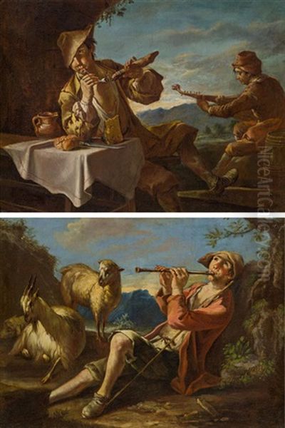 Pendants - Flotenspielender Hirtenjunge & Pfeifenrauchender Und Musizierender Bauer Beim Mahl (pair) Oil Painting by Giacomo Francesco Cipper