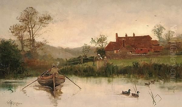 Figure In A Rowing Boat Before A Farmstead Oil Painting by William Anderson