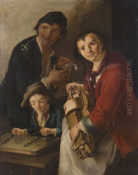 Suonatrice Di Gironda, Ragazzo E Giovane Con Brocca E Pipa (a Woman Playing A Gironda, A Boy And A Young Man With Jug And Pipe) Oil Painting by Giacomo Francesco Cipper