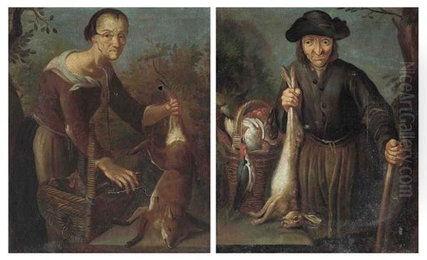 An Old Woman With A Dead Fox And Chickens In A Basket (+ An Old Man With A Dead Hare And A Basket Of Birds; Pair) Oil Painting by Giacomo Francesco Cipper