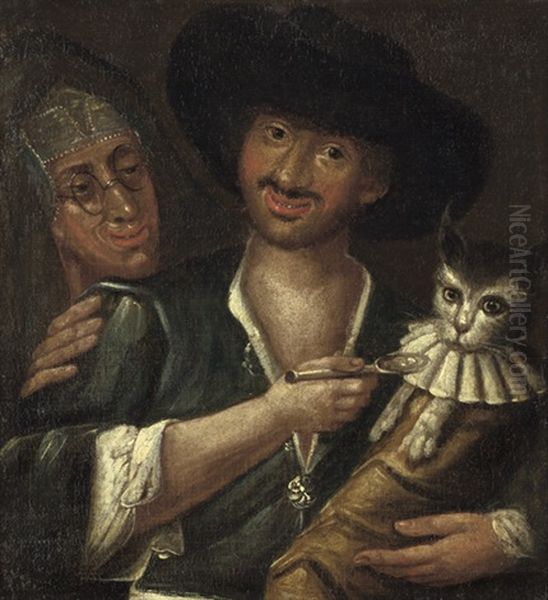 Satirische Darstellung Mit Einem Mann, Der Eine Katze Im Wickelkleid Futtert Oil Painting by Giacomo Francesco Cipper