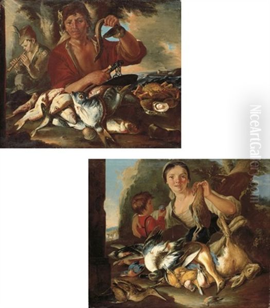 A Fisherman With His Catch (+ A Peasant Woman And A Boy With Dead Game; Pair) Oil Painting by Giacomo Francesco Cipper