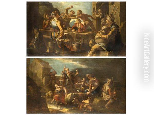 Rauferei In Einer Taverne Und Wandernde Musikantenfamilie Bei Der Rast (diptych) Oil Painting by Giacomo Francesco Cipper