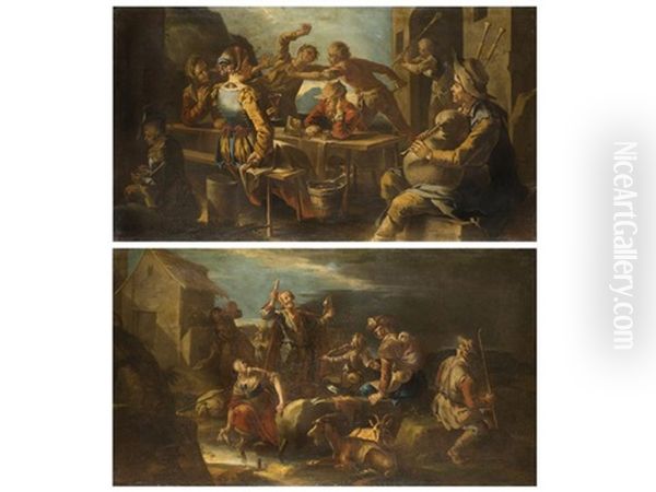 Rauferei In Einer Taverne (+ Wandernde Musikantenfamilie Bei Der Rast; Pair) by Giacomo Francesco Cipper