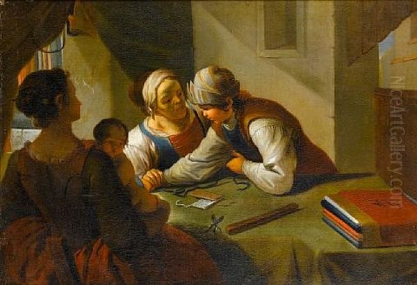 A Lady Visiting A Tailor's Workshop With Her Child (+ An Interior With Two Ladies, And A Young Boy Eating And Drinking; Pair) Oil Painting by Giacomo Francesco Cipper