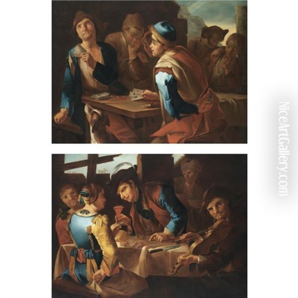 Figures Playing Cards At A Table (+ Figures Merry-making At A Table With A Manp Laying The Violin; Pair) Oil Painting by Giacomo Francesco Cipper