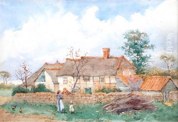 A Woman And Children Before A Cottage Oil Painting by William Livingstone Anderson