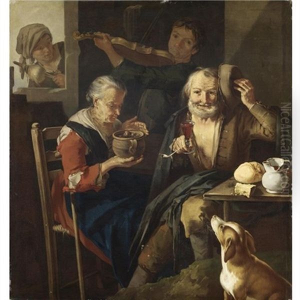 Interno Di Cucina Con Vecchio E Vecchia, Un Giovane Che Suona Il Violino E Una Ragazza Alla Finestra (i Cinque Sensi) Oil Painting by Giacomo Francesco Cipper