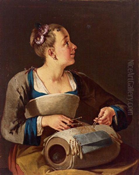 Eine Spitzenklopplerin, Una Merlettaia Oil Painting by Giacomo Francesco Cipper