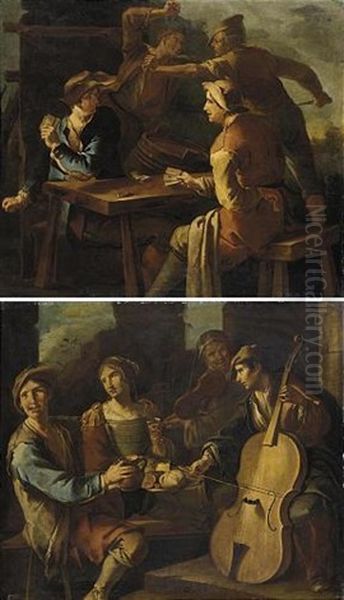 Giocatori Di Carte (+ Scena Di Genere Con Musicisti; Pair) Oil Painting by Giacomo Francesco Cipper