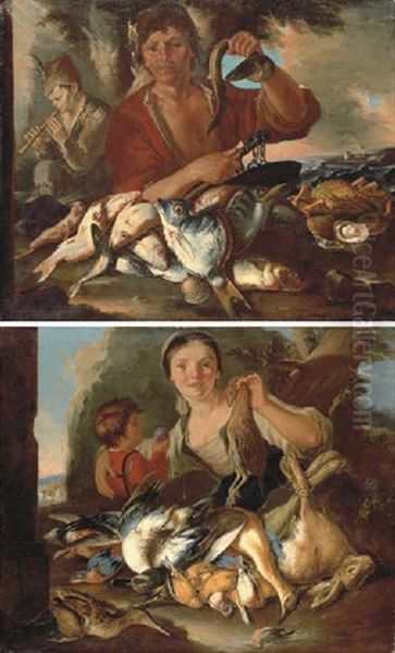 A Fisherman With His Catch And A Boy Piping, A Coastal Port Beyond (+ A Peasant Woman And A Boy With Dead Game In A Rocky Landscape; Pair) Oil Painting by Giacomo Francesco Cipper