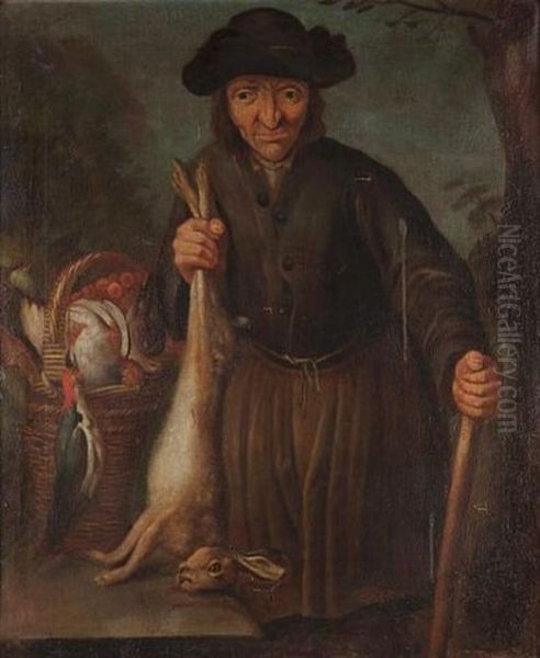 A Peasant Man Holding A Dead Hare With A Basket Of Dead Birds Beside Him (+ A Peasant Woman Holding A Dead Fox With A Basket Of Chickens Over Her Arm; Pair) Oil Painting by Giacomo Francesco Cipper