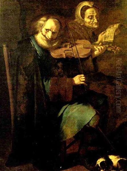 Concertino : Suonatore Di Violino E Donna Anziana In Un Interno Con Cagnolino Oil Painting by Giacomo Francesco Cipper