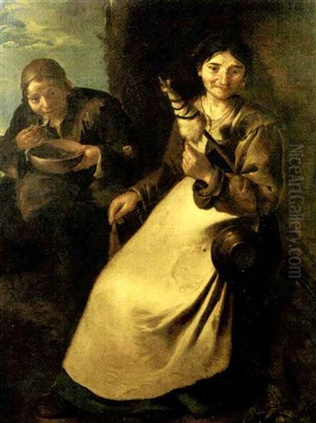 Ragazzo Che Mangia La Zuppa E Vecchia Che Fila La Lana Oil Painting by Giacomo Francesco Cipper