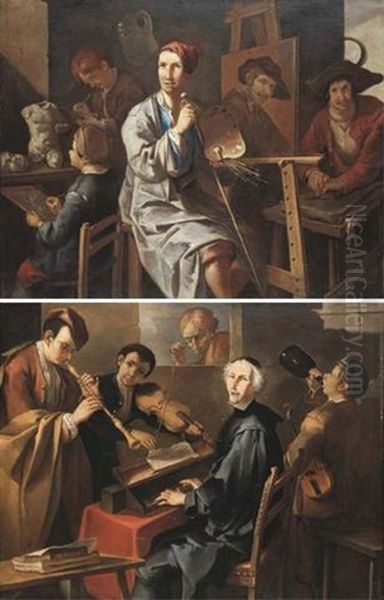 A Painter In His Studio With His Apprentices And A Sitter Oil Painting by Giacomo Francesco Cipper