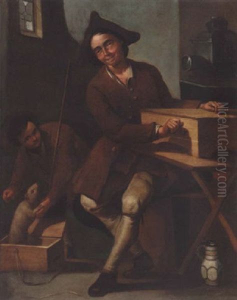 A Young Man Operating A Magic Lantern While His Assistant Releases A Ferret Oil Painting by Giacomo Francesco Cipper