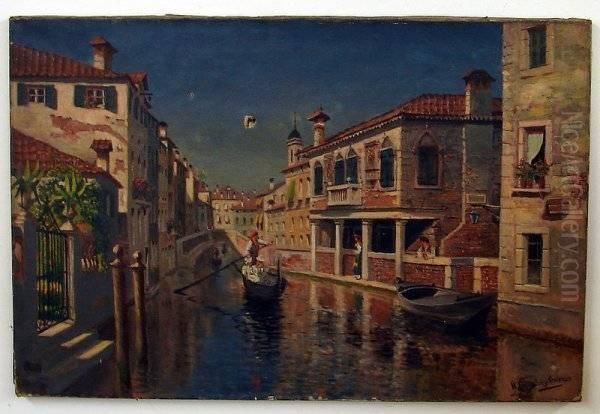 Venetian Canal, Boat And Figures Oil Painting by William Livingstone Anderson