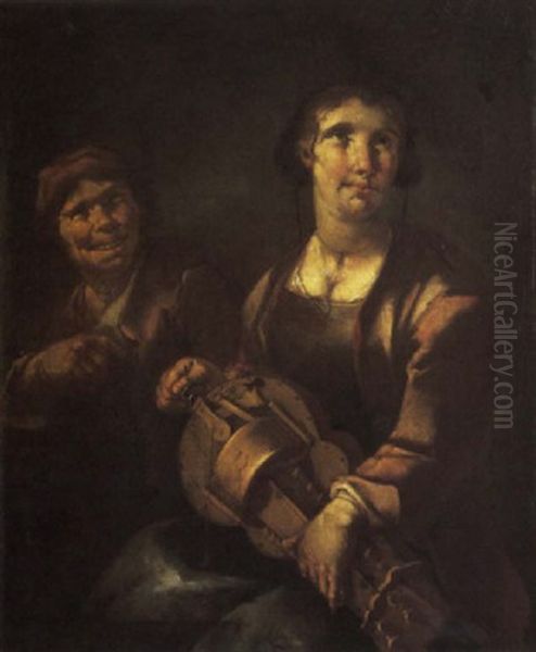 A Peasant Woman Playing A Hurdy-gurdy With A Peasant Boy Looking On Oil Painting by Giacomo Francesco Cipper