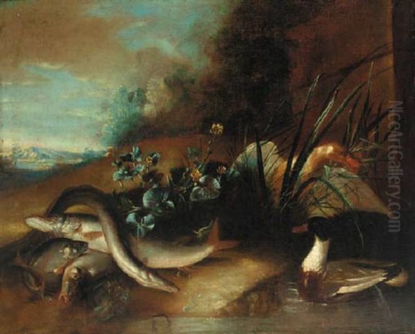 Ducks At A Pond With A Dead Eel And Other Fish On The Bank Oil Painting by Giacomo Francesco Cipper