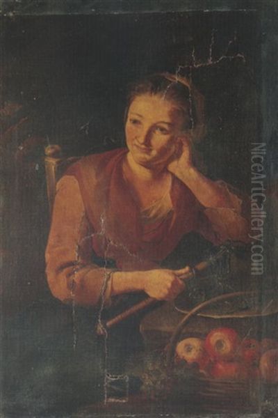 Portrait Of A Girl, Seated At A Table Holding A Balance, A Still Life Of Apples And Grapes In The Foreground Oil Painting by Giacomo Francesco Cipper