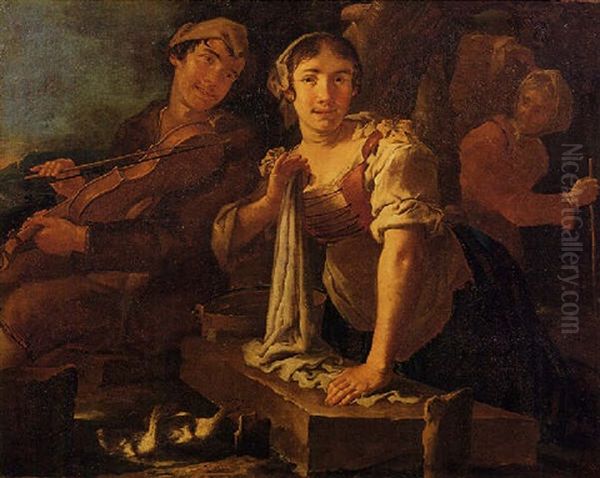 Lavandaia E Suonatore Di Violino Oil Painting by Giacomo Francesco Cipper