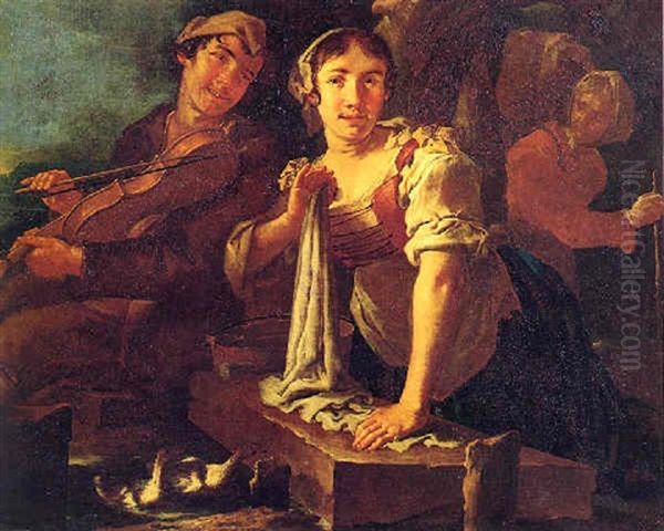 Lavandaia E Sonatore Di Violino Oil Painting by Giacomo Francesco Cipper