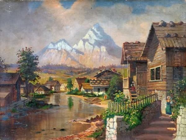 Village With Mountian Range In Background Oil Painting by William Livingstone Anderson