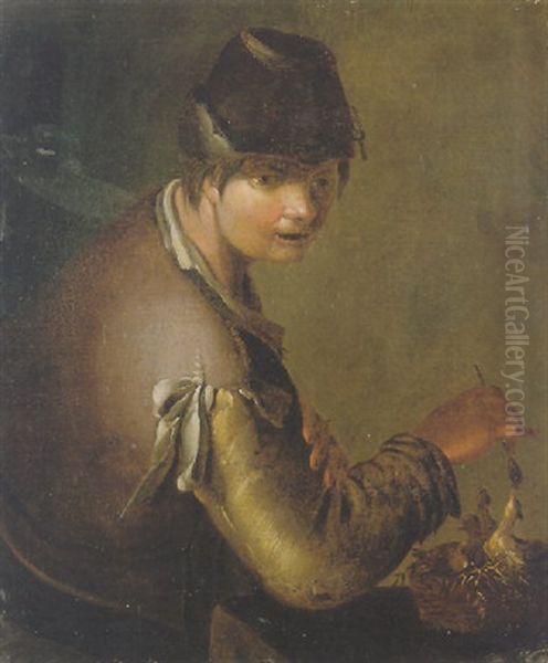 A Peasant Boy Feeding Birds In A Nest Oil Painting by Giacomo Francesco Cipper