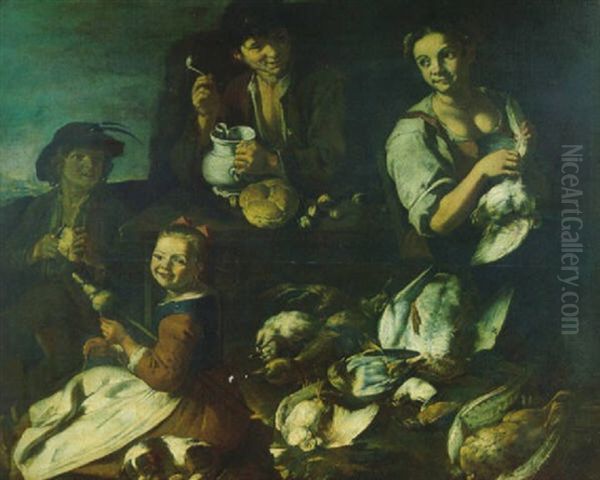 Il Mercato Della Cacciagione: Venditrice, Fumatore Di Pipa, Bimba E Ragazzino Oil Painting by Giacomo Francesco Cipper