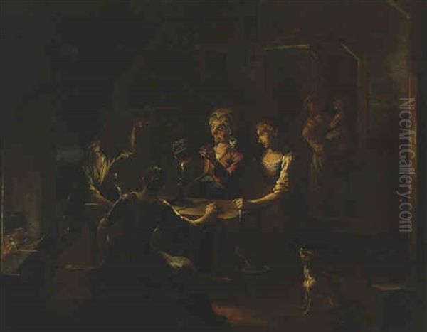 Peasant Women Setting A Mouse Trap By Candlelight Outside A Cottage Oil Painting by Giacomo Francesco Cipper