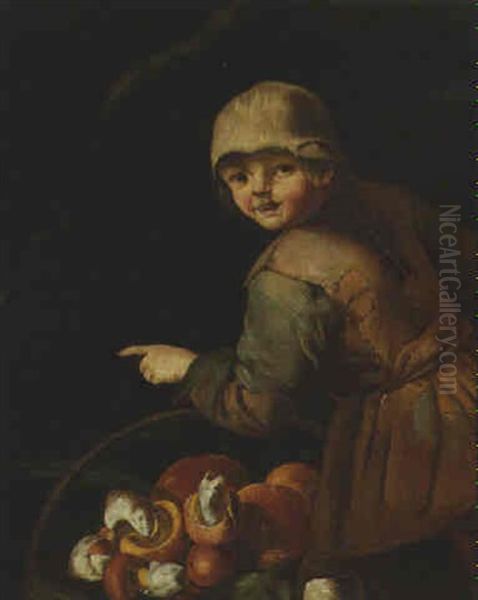 A Boy With A Basket Of Mushrooms Oil Painting by Giacomo Francesco Cipper