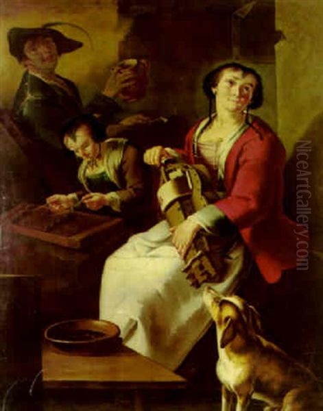 A Peasant Woman Playing The Hurdy-gurdy, With Girl And Youth In Farmhouse Oil Painting by Giacomo Francesco Cipper