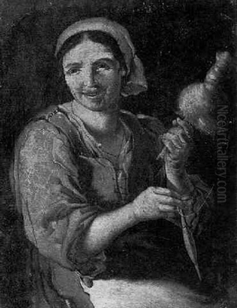 A Peasant Woman Spinning Yarn Oil Painting by Giacomo Francesco Cipper