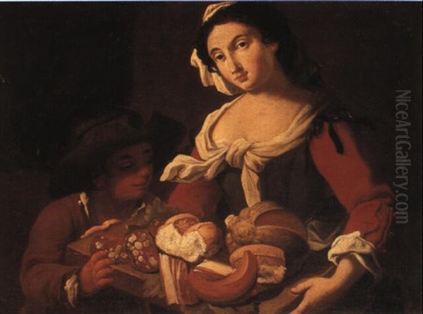 Serving Girl And Boy With A Tray Of Salami, Bread And Melon Oil Painting by Giacomo Francesco Cipper