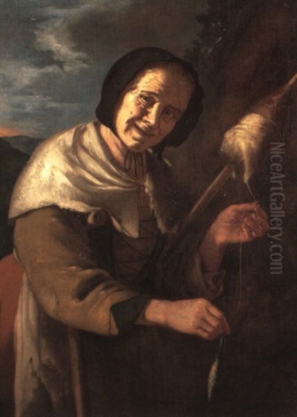 An Old Woman Spinning Wool Oil Painting by Giacomo Francesco Cipper