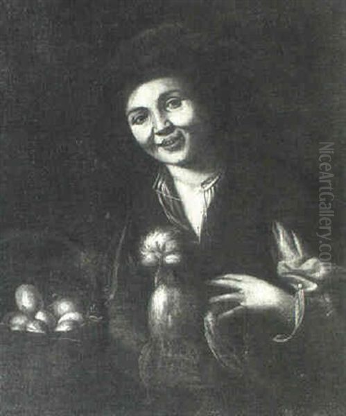 A Peasant Boy Holding A Chicken Beside A Basket Of Eggs Oil Painting by Giacomo Francesco Cipper