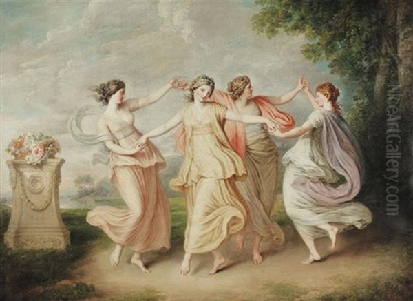 A Landscape With Four Nymphs Dancing Oil Painting by Giovanni Battista Cipriani