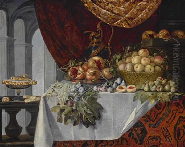 Still Life Of Fruit On A Table With An Architectural Setting Beyond Oil Painting by Pier Francesco Cittadini