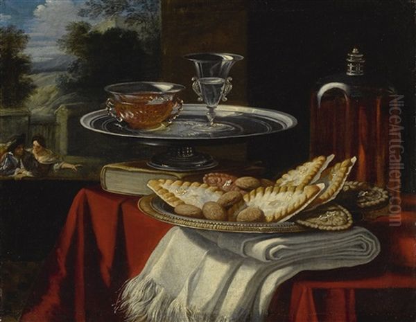 Still Life Of A Silver Tray With Sweets Upon A Folded White Cloth, A Silver Tray Beyond It With Two Crystal Glasses Upon It, All On A Table Draped With A Red Cloth, A Window With A Landscape And Two Figures Beyond Oil Painting by Pier Francesco Cittadini