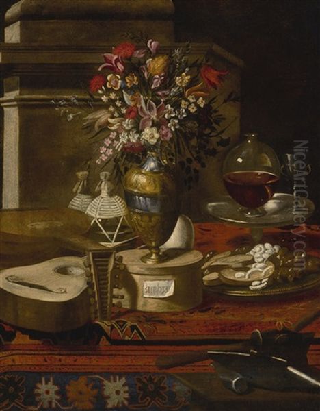 Still Life Of A Vase Of Flowers, Musical Instruments, Two Flasks, A Dish With Sweets And Other Objects On A Table Oil Painting by Pier Francesco Cittadini