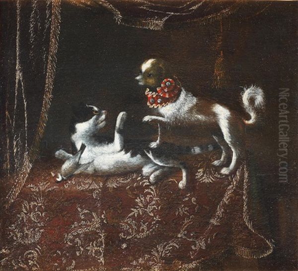 A Dog And A Cat On A Draped Table-top Oil Painting by Pier Francesco Cittadini